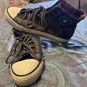 Converse Chuck Taylor High Top Denim Patchwork Plaid Lined DistressedVintage Y2K